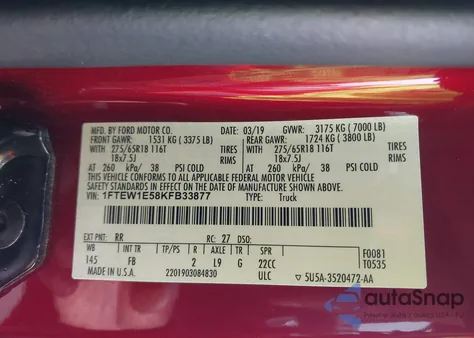 2019 Ford F-150 Xlt из США, поврежденный, VIN 1FTEW1E58KFB33877